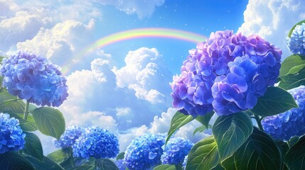 A vibrant scene of a garden featuring clusters of blue and purple hydrangea flowers