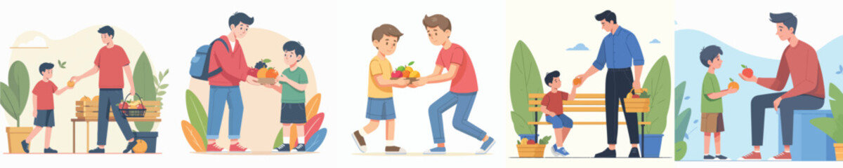 vector young man giving fruit to boy
