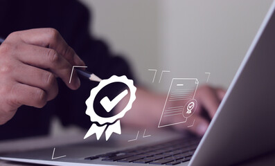 Businessman Demonstrating Top Service: Working with Quality Assurance, Guarantee, and Standards. ISO Certification and Standardization Concept is.