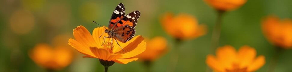 Obraz premium Painted lady butterfly feeding on bright orange cosmos flower, garden, sunlight