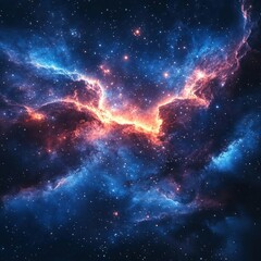 Colorful cosmic nebula with vibrant hues of blue and red, dotted with stars