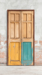 Rustic Door with Unique Charm: An old wooden door, painted with a vibrant combination of colors, stands proudly, radiating character and charm in an artistic setting.