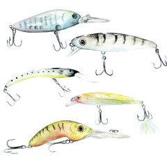 Fishing Wobbler. Watercolor illustration of a fishing lure hand drawn. Design for packaging and textile design.