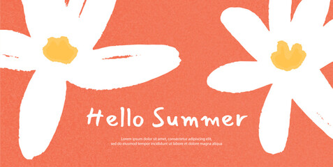 Hello Summer promotional banner with bold hand-drawn white flowers on bright textured red background. Minimalist vector flat illustration with space for text. Ideal for seasonal campaigns, marketing