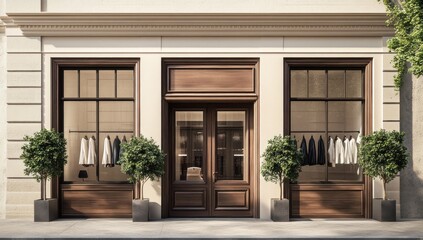 Fototapeta premium Elegant Boutique Store Front: Classic Design and Luxurious Apparel