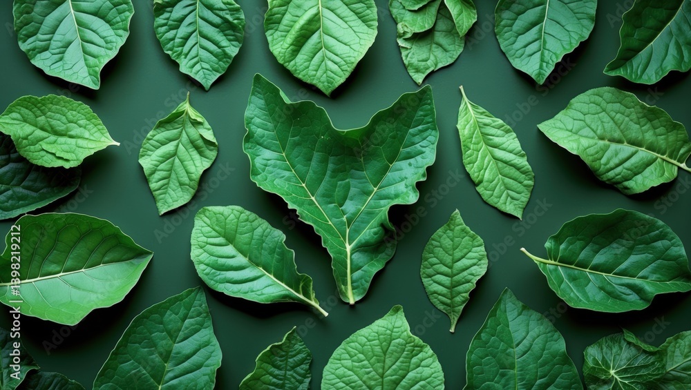 Aufkleber an array of assorted green leaves on a dark green background, showcasing various shapes and textures