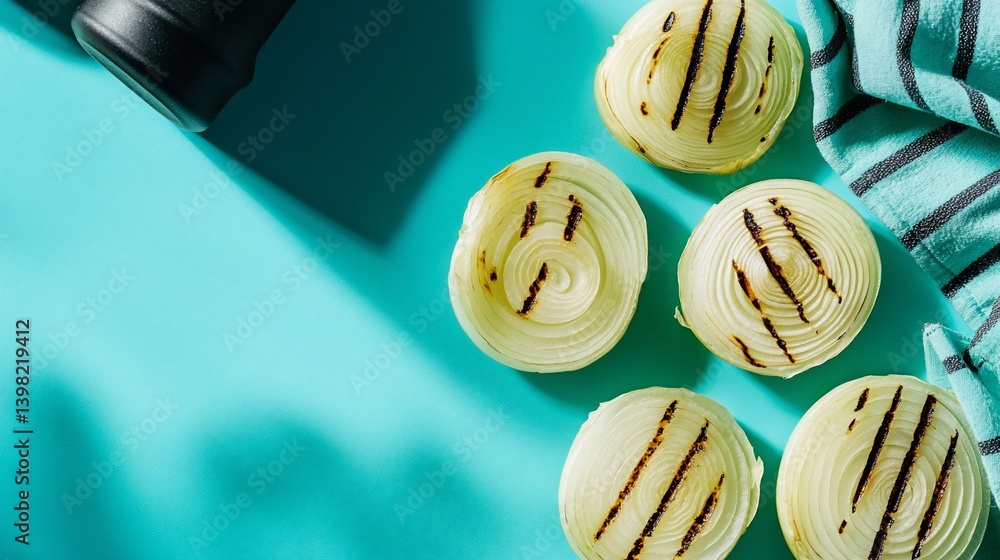 Poster grilled onion slices on teal background with copy space.