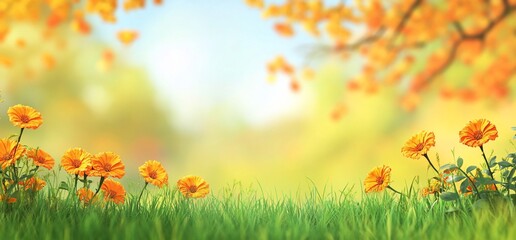Vibrant orange flowers blooming in a lush green meadow under a bright, sunny sky.
