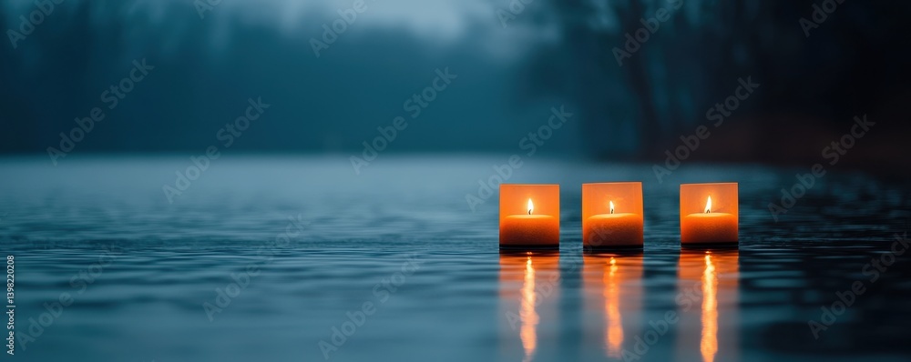 Poster three glowing candles float serenely on a calm water surface, creating a tranquil atmosphere against