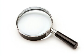 A close up shot of a magnifying glass with a black handle on a white background in bright lighting