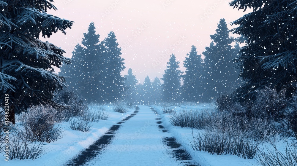 Poster a serene winter scene featuring a snow-covered path winding through tall evergreen trees, with gentl