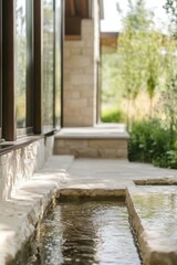 Fototapeta premium Tranquil garden path with flowing water in a contemporary setting surrounded by greenery and natural light during a sunny afternoon