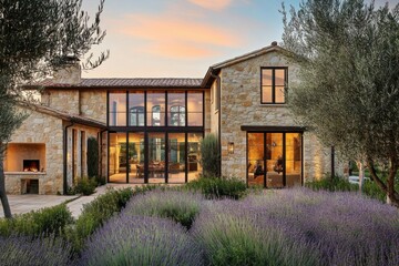 Fototapeta premium A stunning stone villa elegantly situated amidst vibrant lavender fields, illuminated by the warm glow of sunset, offers a tranquil escape in the peaceful countryside