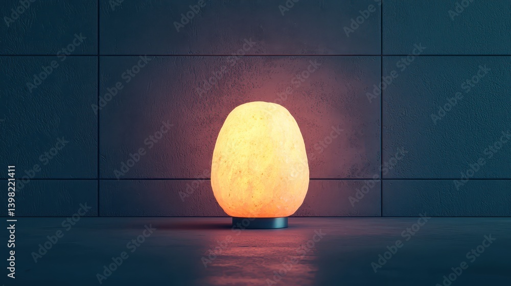 Aufkleber a glowing lamp with a smooth, oval shape sits on a dark surface against a textured wall, creating a 