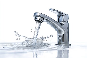 A close up of a shiny chrome faucet with water flowing and splashing on a white surface background