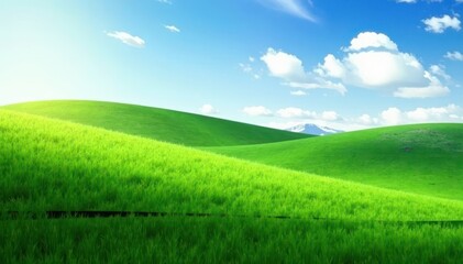 Fototapeta premium Rolling hills of emerald grass, soft light, tranquil setting, summer, lush