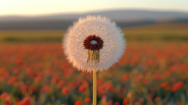 Dandelion in a field of poppies at sunset.  A single dandelion seed head stands tall amidst a vibrant field of poppies, bathed in the warm glow of the setting sun
