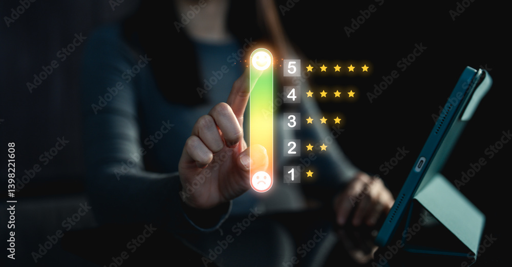 Poster a person interacts with a digital rating system, selecting stars to provide feedback, with a tablet 