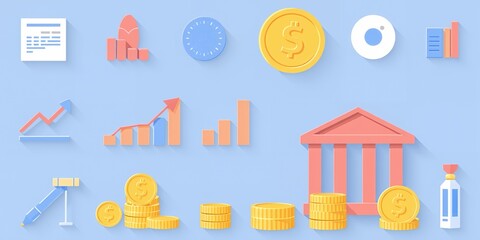 Fototapeta premium Illustration of financial icons including coins charts and a bank building on a light blue background