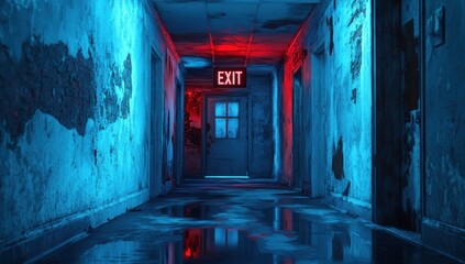 Obraz premium Eerie Neon Glow in Abandoned Hospital Corridor