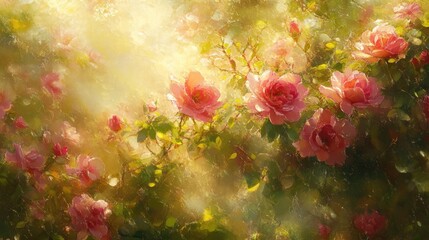 A vibrant field of pink roses basking in the soft