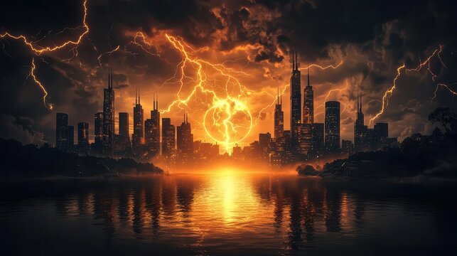 Steampunk city powered by glowing energy crystals, lightning rods capturing electrical currents from stormy skies