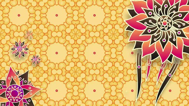 A dynamic and colorful motion graphic showcasing symmetrical mandala patterns in warm pink, orange, and black tones