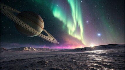 "Sci-Fi Planetary Scene Featuring Rings, Ice Terrain, and Vibrant Polar Lights"