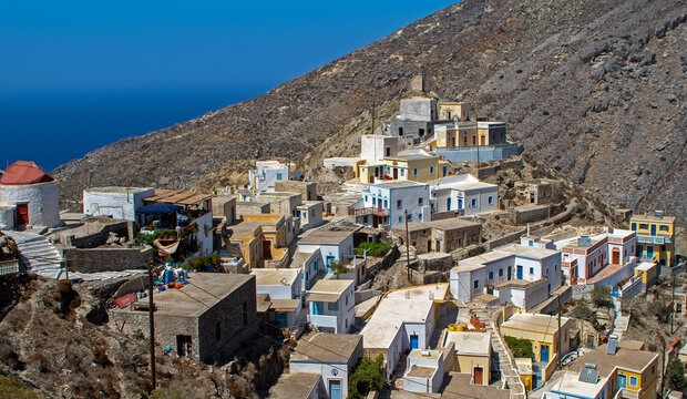 Colorful architecture of the iconic hillside village of Olympos on Karpathos Island, Greece