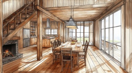 Rustic wooden house interior design with dining area, kitchen, and fireplace.