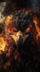 Fototapeta premium Burning Eagle: A majestic eagle, ablaze with fiery energy, its intense gaze reflecting the heart of the flames, set against a dramatic backdrop.