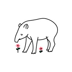 Obraz premium Cartoon tapir enjoying flowers in a minimalist style 
