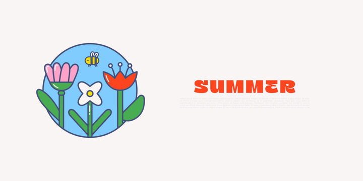 Colorful summer banner with flowers, a bee, and bold red text. Bright, playful design in cartoon style, perfect for seasonal promotions, kids' events, or eco-themed content.