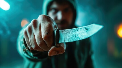 A tense scene featuring a man gripping a knife tightly, shrouded in dim lighting, evoking a sense of danger and suspense in a mysterious setting that captivates the viewer.