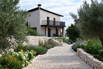 An immaculate stone house sits gracefully amidst lush, vibrant gardens, complemented by a charming cobblestone pathway that weaves through the serene countryside setting