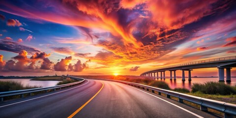 Obraz premium Asphalt Road Winding Towards a Bridge at Sunset with Vibrant Colorful Sky