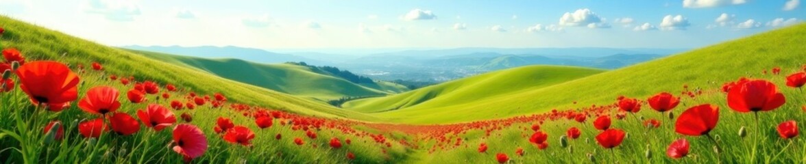 Fototapeta premium Scarlet poppies scattered across rolling green hills under a clear sky , summer, image, red
