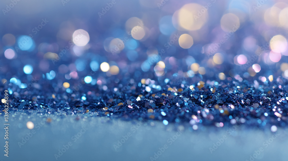 Poster a close up shot of blue glitter with bokeh lights in the background creating a festive mood