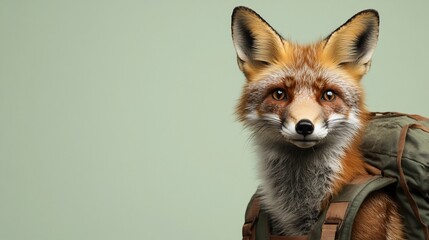Obraz premium Red fox with backpack, looking at camera against a muted green background.