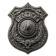 Police badge, metallic finish with intricate detailing, symbolizes law enforcement authority and public service, suitable for presentations. Isolated on white background or PNG