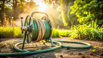 A garden hose reel sits in the sunlight amongst lush green plants, ready for watering