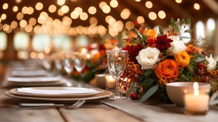 Fototapeta premium This image showcases a long dinner table adorned with a stunning floral centerpiece and glowing candles, creating a warm and inviting atmosphere for dining occasions.