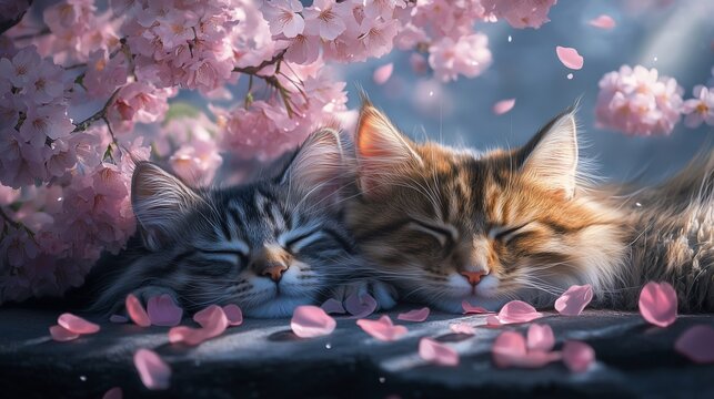 A pair of Chinese garden cats resting under a blooming cherry blossom tree.
