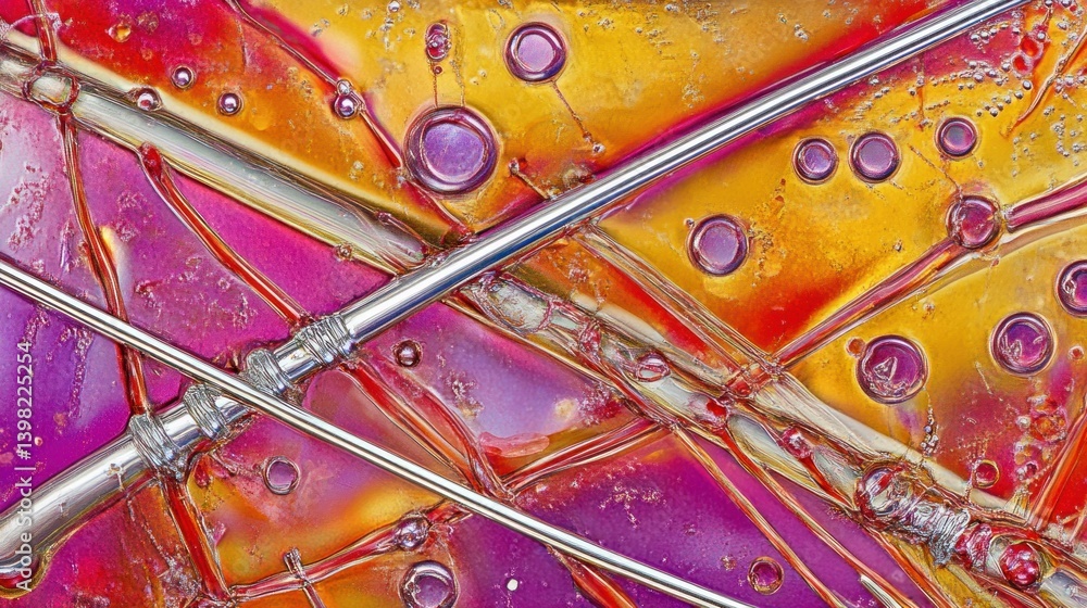 Poster an abstract artistic image featuring colorful fluid elements and metallic tubes
