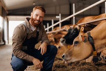 Portrait handsome young bearded farmer man in uniform against background of pen with cow. Concept worker of cattle livestock industry. © Parilov