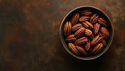 Top View Of Pecan Nuts In A Bowl With Space For Text. Overhead Shot Of Pecans In A Bowl. Copy Space Available.
