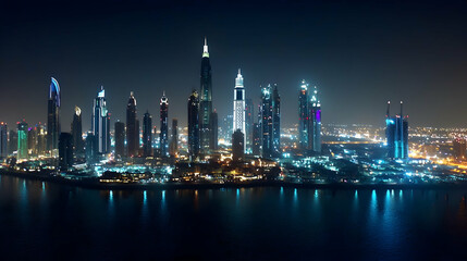 Obraz premium Night City Skyline With Glowing Skyscrapers