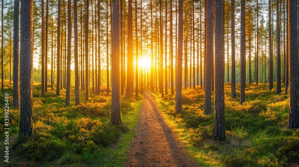 Poster sunset illuminating path through dense pine forest.