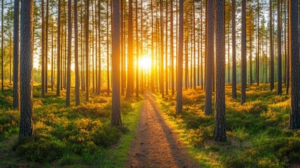 Naklejka premium Sunset illuminating path through dense pine forest.