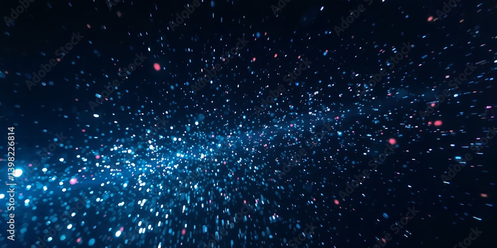 Poster abstract dark blue background with many small bright particles floating in the space effect design